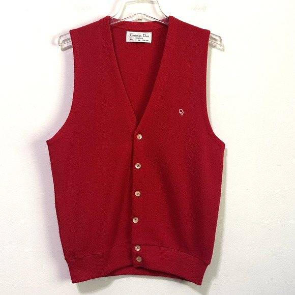 Christian Dior Monsieur Sweater Vest M Red Orlon USA Made Logo Vintage Holiday - Picture 1 of 10